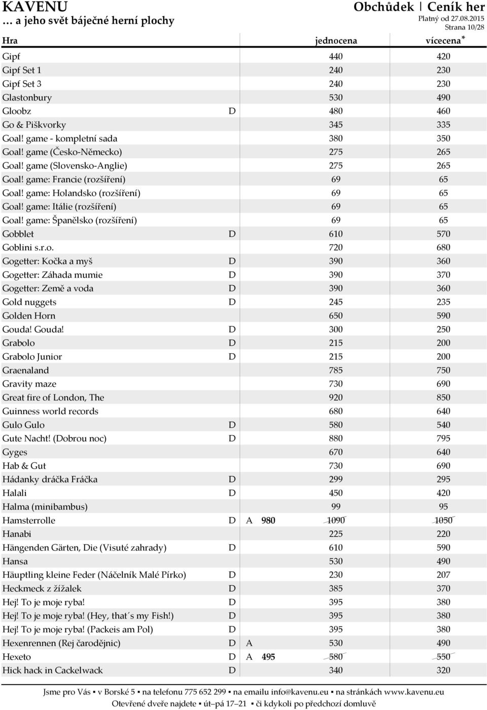 game: Španělsko (rozšíření) 69 65 Gobblet D 610 570 Goblini s.r.o. 720 680 Gogetter: Kočka a myš D 390 Gogetter: Záhada mumie D 390 Gogetter: Země a voda D 390 Gold nuggets D 245 Golden Horn 650 590 Gouda!