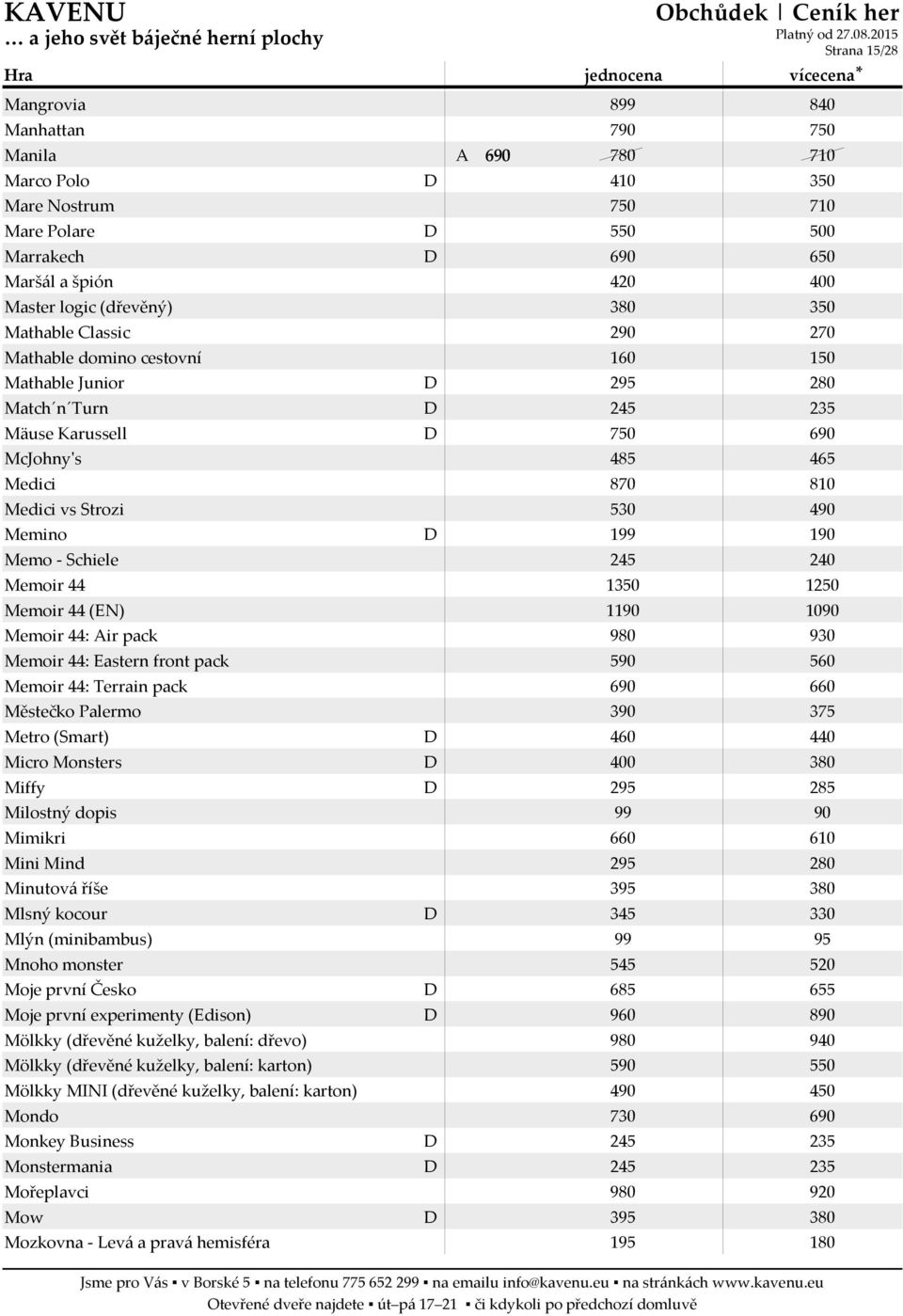 190 Memo - Schiele 245 240 Memoir 44 1350 1250 Memoir 44 (EN) 1190 1090 Memoir 44: Air pack 980 930 Memoir 44: Eastern front pack 590 560 Memoir 44: Terrain pack 690 660 Městečko Palermo 390 375