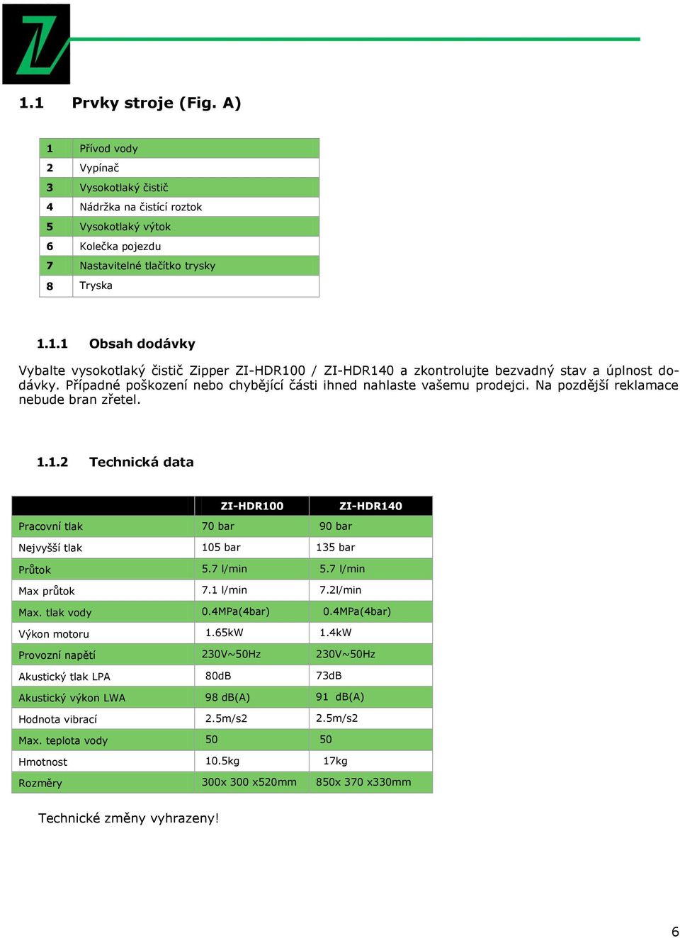 1.2 Technická data ZI-HDR100 ZI-HDR140 Pracovní tlak 70 bar 90 bar Nejvyšší tlak 105 bar 135 bar Průtok 5.7 l/min 5.7 l/min Max průtok 7.1 l/min 7.2l/min Max. tlak vody 0.4MPa(4bar) 0.