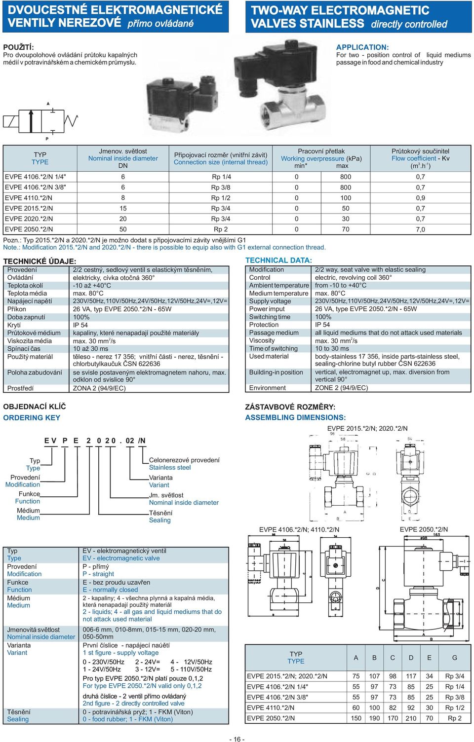 svìtlost Pracovní pøetlak Pøipojovací rozmìr (vnitøní závit) Working overpressure (kpa) Connection size (internal thread) DN min* max EVPE 416.*2/N 1/4" EVPE 416.*2/N /8" EVPE 411.