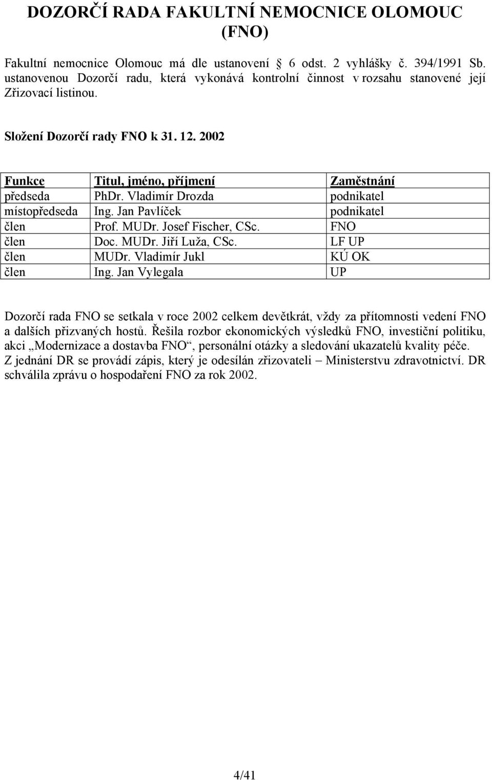 Vladimír Drozda podnikatel místopředseda Ing. Jan Pavlíček podnikatel člen Prof. MUDr. Josef Fischer, CSc. FNO člen Doc. MUDr. Jiří Luža, CSc. LF UP člen MUDr. Vladimír Jukl KÚ OK člen Ing.