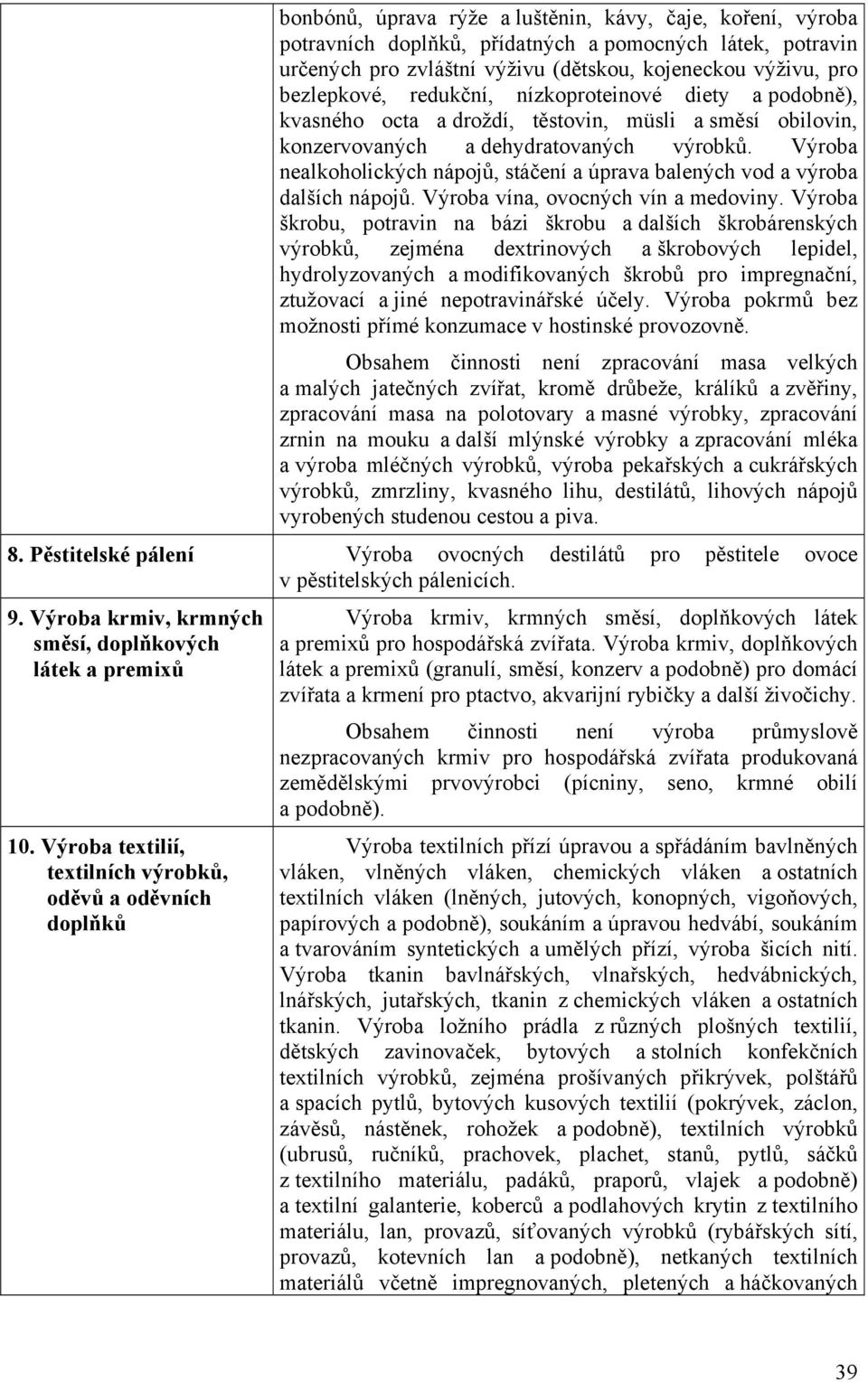 Výroba nealkoholických nápojů, stáčení a úprava balených vod a výroba dalších nápojů. Výroba vína, ovocných vín a medoviny.