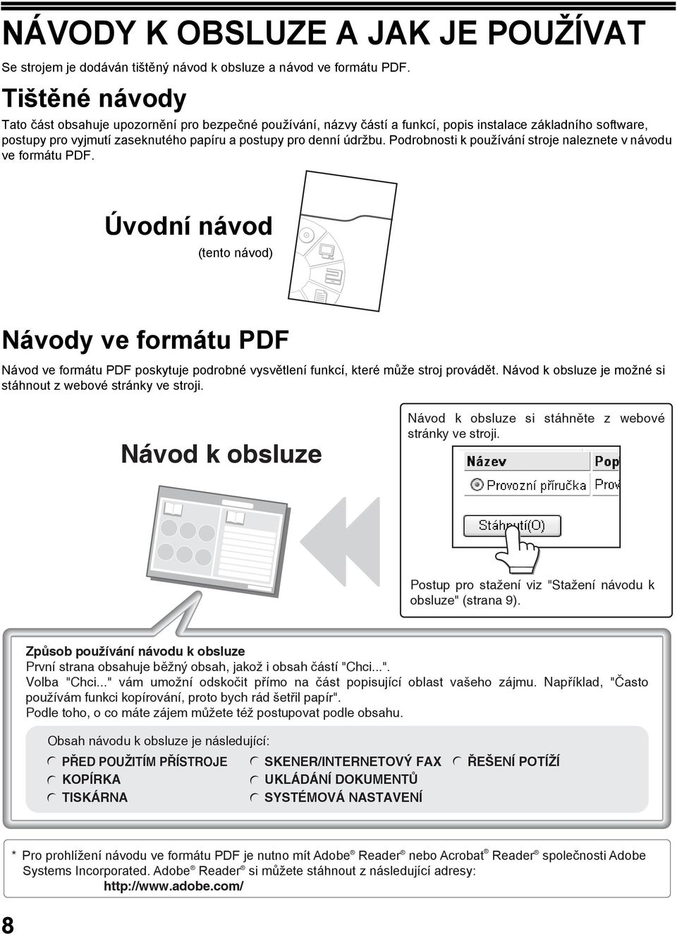 Podrobnosti k používání stroje naleznete v návodu ve formátu PDF. Úvodní návod (tento návod) Návody ve formátu PDF Návod ve formátu PDF poskytuje podrobné vysvětlení funkcí, které může stroj provádět.