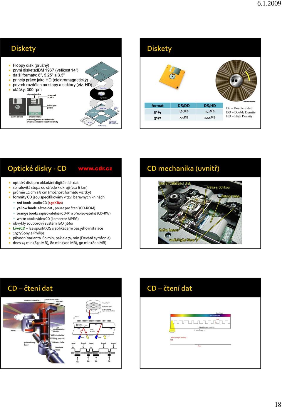 cz optický disk pro ukládání digitálních dat spirálovitá stopa od středu k okraji (cca 6 km) průměr 12 cm a 8 cm (možnost formátu vizitky) formáty CD jsou specifikovány v tzv.