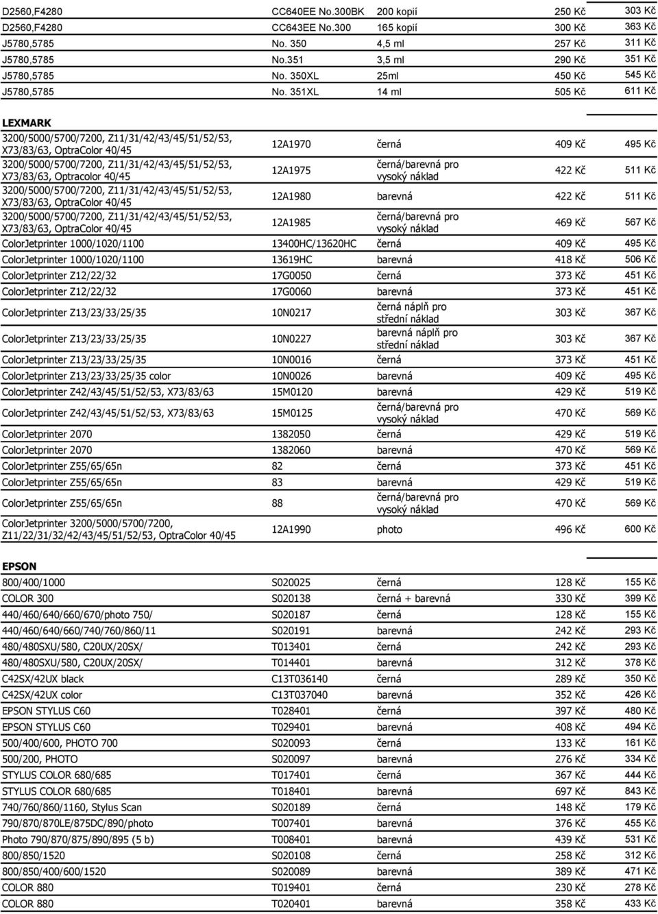 351XL 14 ml 505 Kč 611 Kč LEXMARK 3200/5000/5700/7200, Z11/31/42/43/45/51/52/53, 12A1970 černá 409 Kč 495 Kč X73/83/63, OptraColor 40/45 3200/5000/5700/7200, Z11/31/42/43/45/51/52/53, černá/barevná