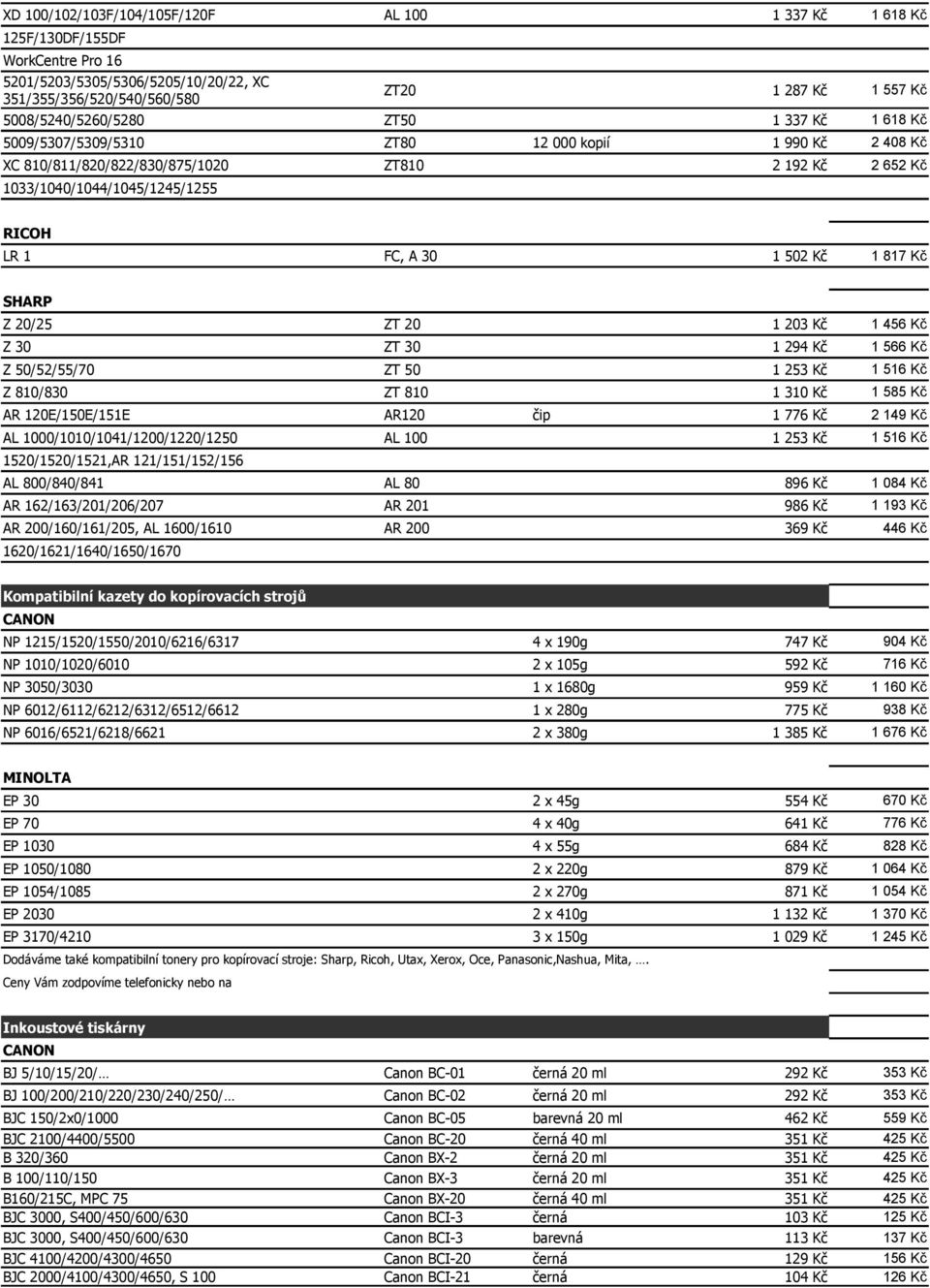 Kč SHARP Z 20/25 ZT 20 1 203 Kč 1 456 Kč Z 30 ZT 30 1 294 Kč 1 566 Kč Z 50/52/55/70 ZT 50 1 253 Kč 1 516 Kč Z 810/830 ZT 810 1 310 Kč 1 585 Kč AR 120E/150E/151E AR120 čip 1 776 Kč 2 149 Kč AL