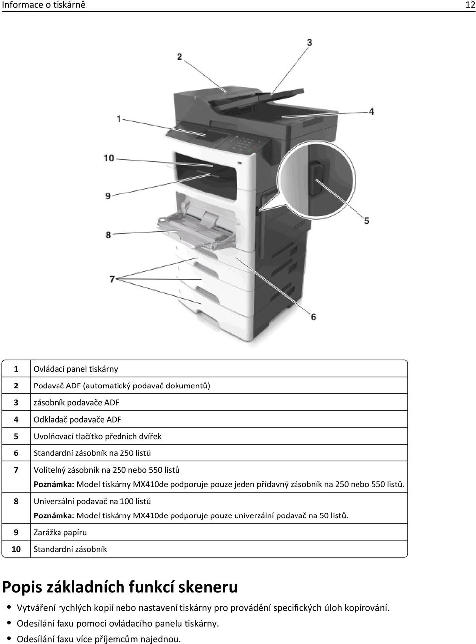 8 Univerzální podavač na 100 listů Poznámka: Model tiskárny MX410de podporuje pouze univerzální podavač na 50 listů.