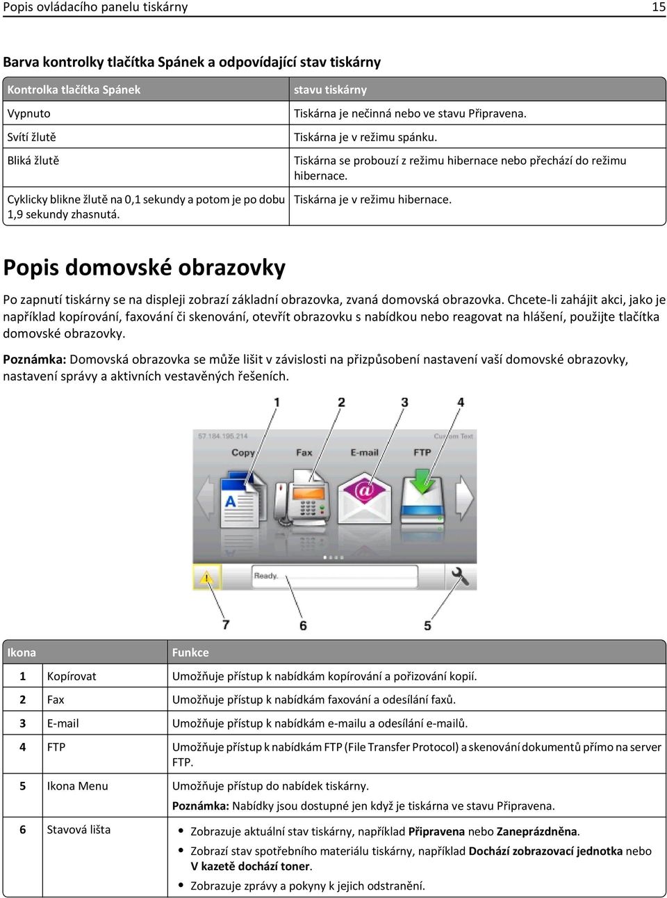 Tiskárna je v režimu hibernace. Popis domovské obrazovky Po zapnutí tiskárny se na displeji zobrazí základní obrazovka, zvaná domovská obrazovka.