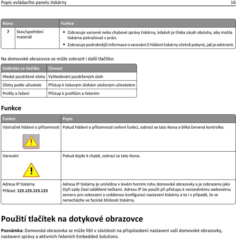 Na domovské obrazovce se může zobrazit i další tlačítko: Dotkněte se tlačítka Činnost Hledat pozdržené úlohy Vyhledávání pozdržených úloh Úlohy podle uživatele Profily a řešení Přístup k tiskovým