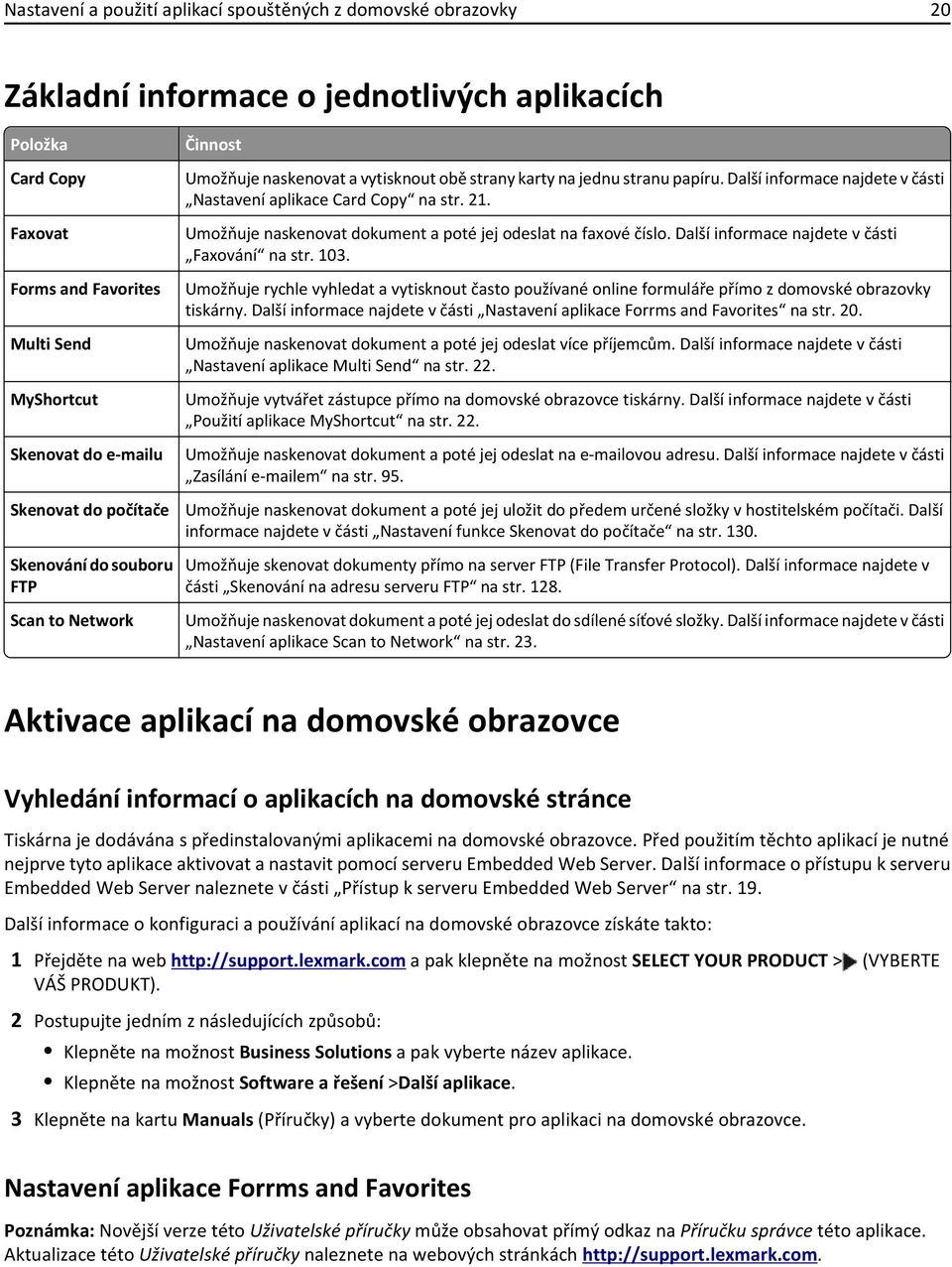 Další informace najdete v části Nastavení aplikace Card Copy na str. 21. Umožňuje naskenovat dokument a poté jej odeslat na faxové číslo. Další informace najdete v části Faxování na str. 103.