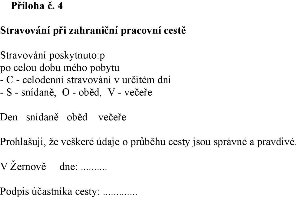 dobu mého pobytu - C - celodenní stravování v určitém dni - S - snídaně, O -