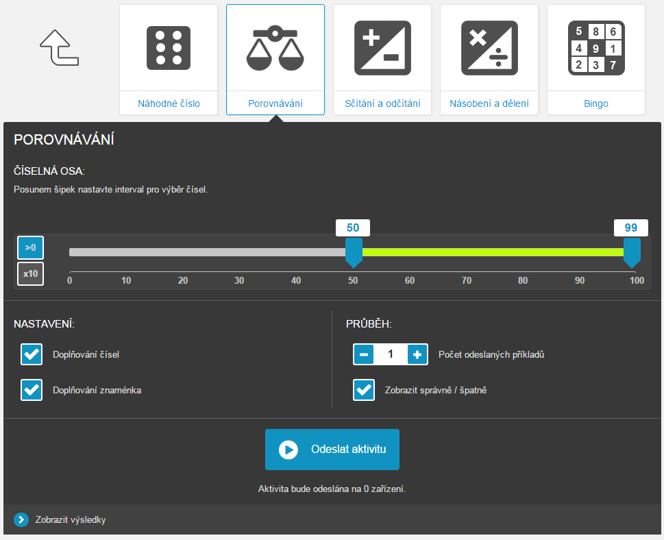 b) Porovnání Učitel nastaví rozpětí čísel od 0 do 100 a rozhodne, zda žáci budou doplňovat čísla, nebo operátory porovnání.