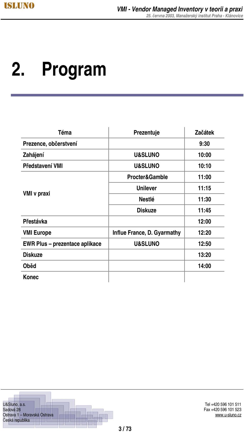 11:15 Nestlé 11:30 Diskuze 11:45 Přestávka 12:00 VMI Europe Influe France, D.