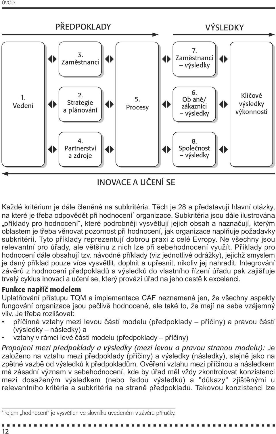 Subkritéria jsou dále ilustrována příklady pro hodnocení, které podrobněji vysvětlují jejich obsah a naznačují, kterým oblastem je třeba věnovat pozornost při hodnocení, jak organizace naplňuje