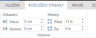 nastavena na 8 bodů. V případě potřeby můžeme mezeru upravit či úplně zrušit kliknutím na ikonu Řádkování a následně na Možnosti řádkování.