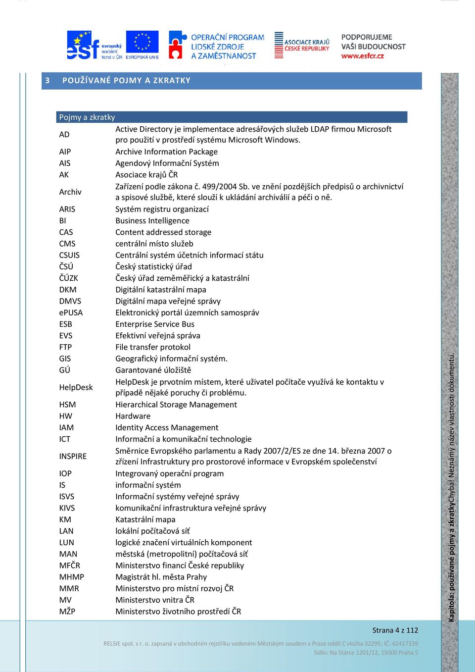 AIP Archive Information Package AIS Agendový Informační Systém AK Asociace krajů ČR Archiv Zařízení podle zákona č. 499/2004 Sb.