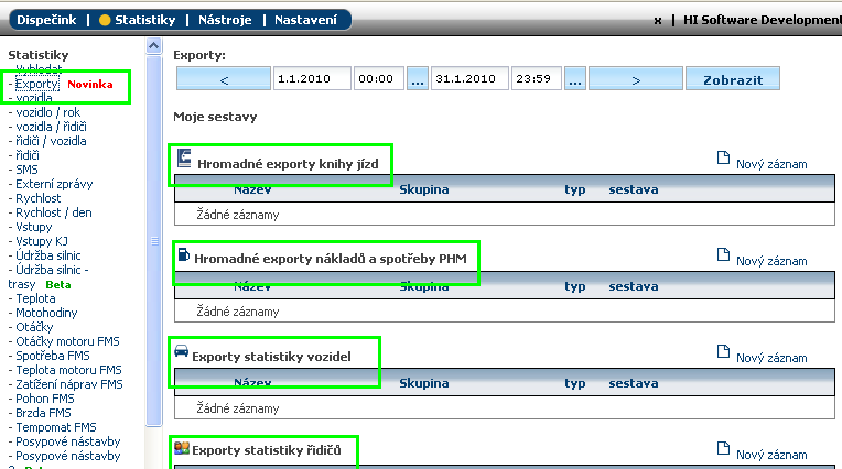 Připravili jsme pro Vás úpravu, kterou naleznete v sekci Statistiky/Exporty. Zde si můžete vytvořit libovolný počet vlastních exportů.