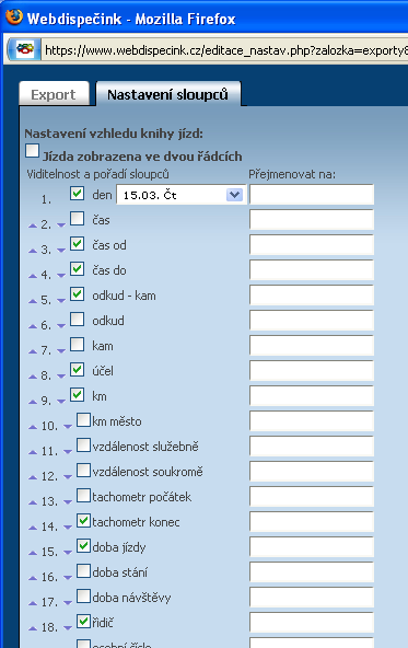 formát (XLS, CSV, HTML), skupinu vozidel.