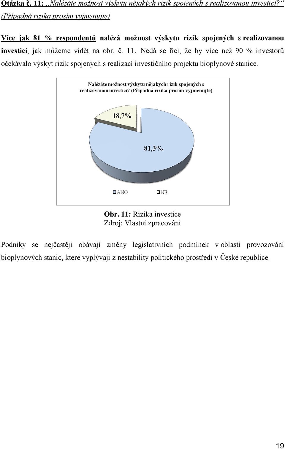 č. 11. Nedá se říci, ţe by více neţ 90 % investorů očekávalo výskyt rizik spojených s realizací investičního projektu bioplynové stanice. Obr.