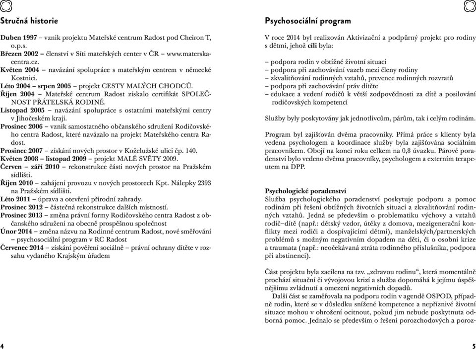 Říjen 2004 Mateřské centrum Radost získalo certifikát SPOLEČ- NOST PŘÁTELSKÁ RODINĚ. Listopad 2005 navázání spolupráce s ostatními mateřskými centry v Jihočeském kraji.