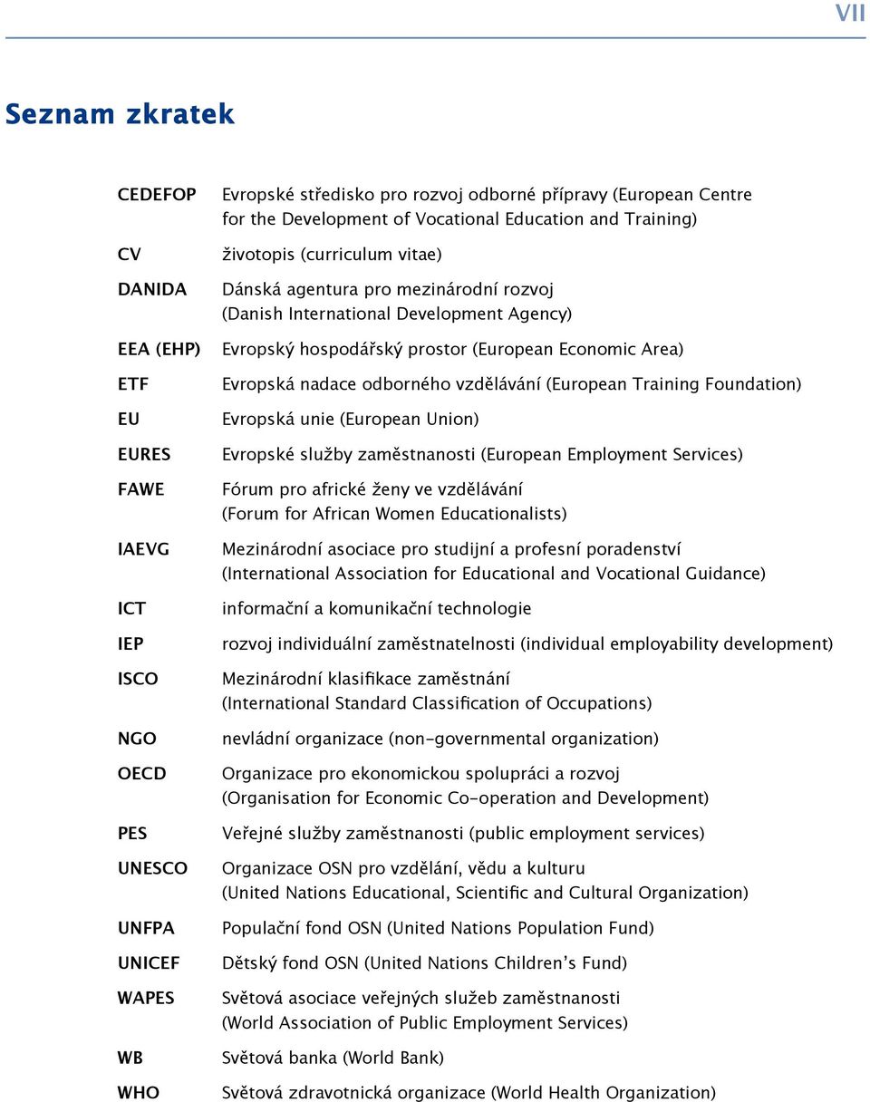 (European Economic Area) Evropská nadace odborného vzdělávání (European Training Foundation) Evropská unie (European Union) Evropské služby zaměstnanosti (European Employment Services) Fórum pro