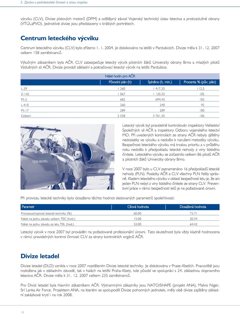 12. 2007 celkem 158 zamìstnancù. Výluèným zákazníkem byla AÈR. CLV zabezpeèuje letecký výcvik pilotních žákù Univerzity obrany Brno a mladých pilotù Vzdušných sil AÈR.