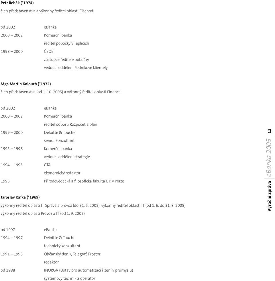 2005) a výkonný ředitel oblasti Finance od 2002 ebanka 2000 2002 Komerční banka ředitel odboru Rozpočet a plán 1999 2000 Deloitte & Touche senior konzultant 1995 1998 Komerční banka vedoucí oddělení