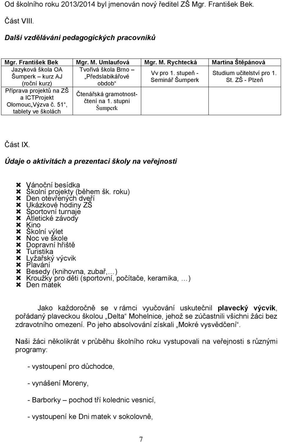 51, tablety ve školách Čtenářská gramotnostčtení na 1. stupni Šumperk Část IX. Údaje o aktivitách a prezentaci školy na veřejnosti Vánoční besídka Školní projekty (během šk.