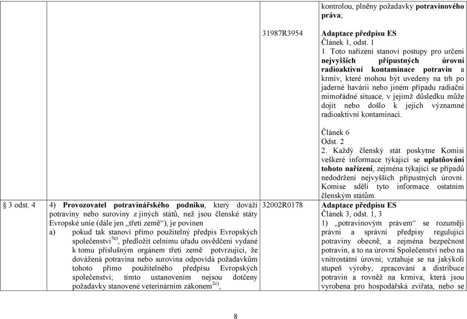 použitelný předpis Evropských společenství 3e), předložit celnímu úřadu osvědčení vydané k tomu příslušným orgánem třetí země potvrzující, že dovážená potravina nebo surovina odpovídá požadavkům