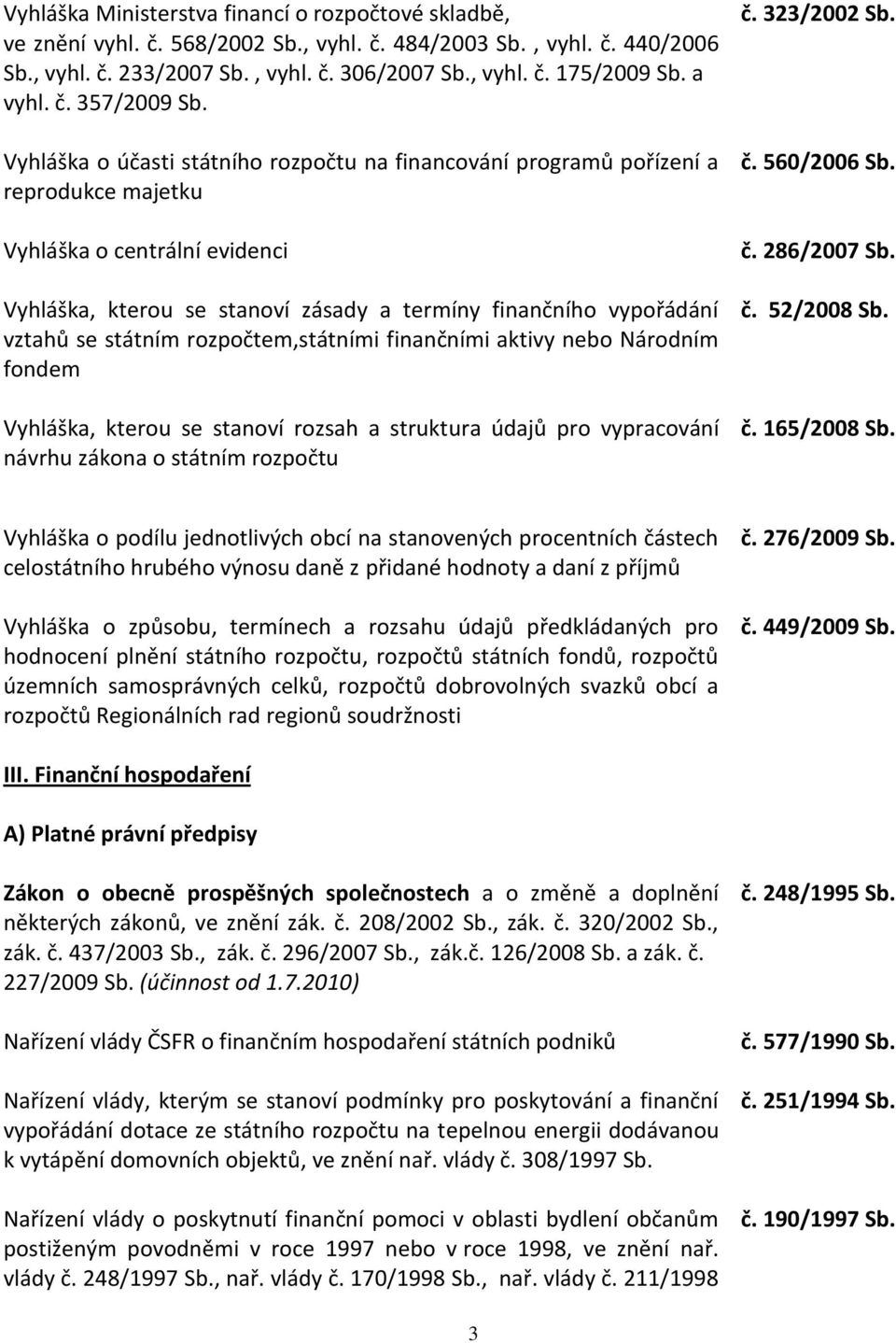 Vyhláška o účasti státního rozpočtu na financování programů pořízení a reprodukce majetku Vyhláška o centrální evidenci Vyhláška, kterou se stanoví zásady a termíny finančního vypořádání vztahů se