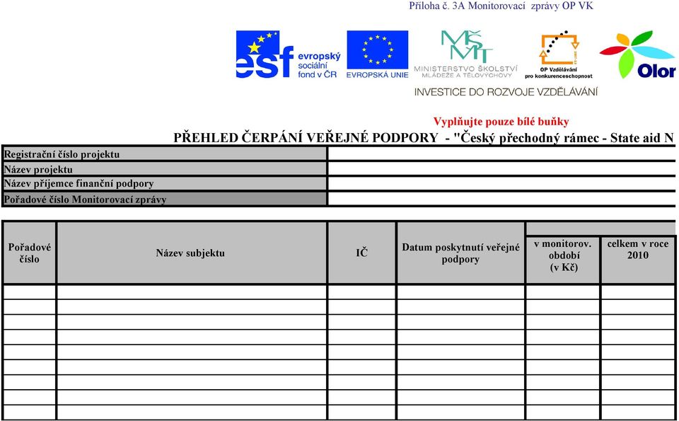 podpory Pořadové číslo Monitorovací zprávy Vyplňujte pouze bílé buňky PŘEHLED ČERPÁNÍ VEŘEJNÉ