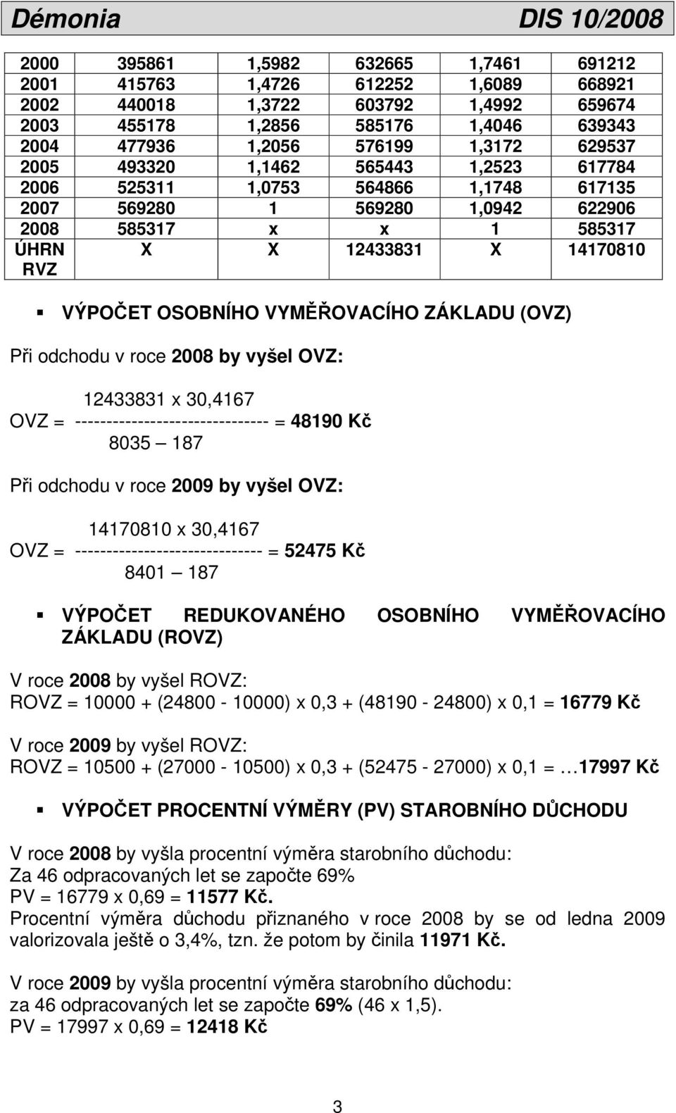 VYMĚŘOVACÍHO ZÁKLADU (OVZ) Při odchodu v roce 2008 by vyšel OVZ: 12433831 x 30,4167 OVZ = ------------------------------- = 48190 Kč 8035 187 Při odchodu v roce 2009 by vyšel OVZ: 14170810 x 30,4167