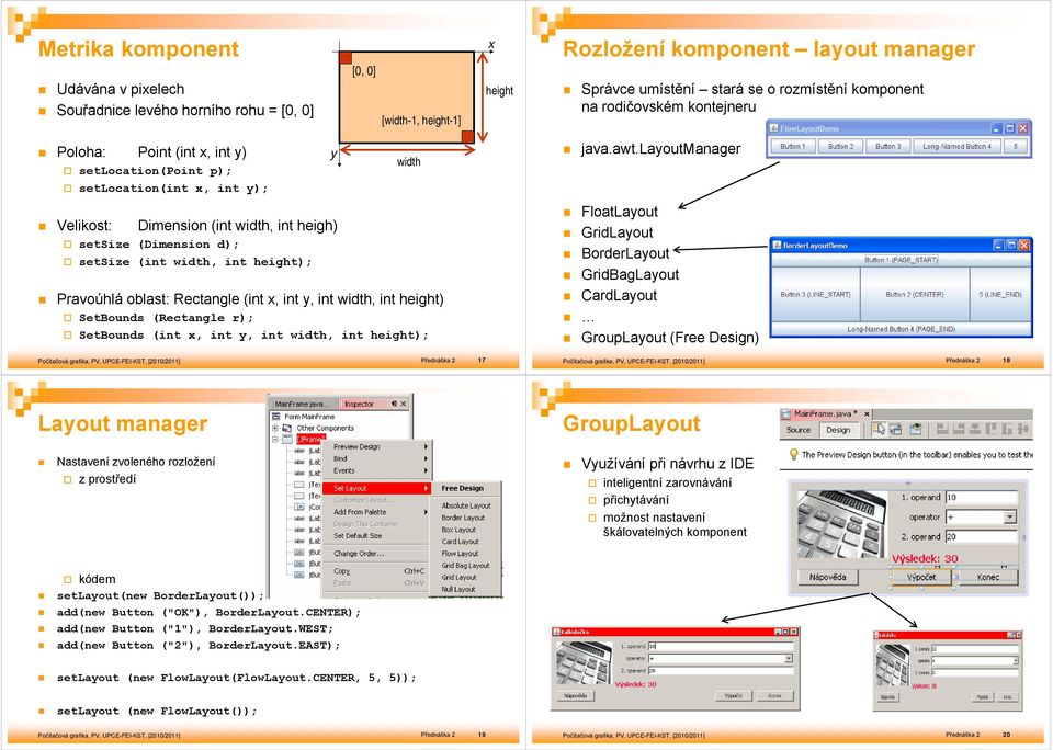 Pravoúhlá oblast: Rectangle (int x, int y, int width, int height) SetBounds (Rectangle r); SetBounds (int x, int y, int width, int height); y width java.awt.