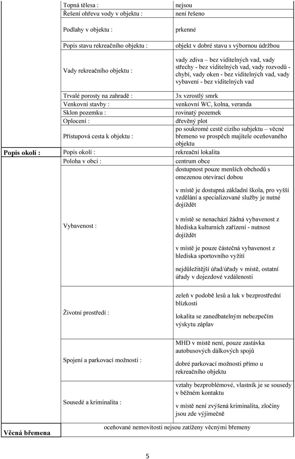 Venkovní stavby : venkovní WC, kolna, veranda Sklon pozemku : rovinatý pozemek Oplocení : dřevěný plot po soukromé cestě cizího subjektu věcné Přístupová cesta k objektu : břemeno ve prospěch