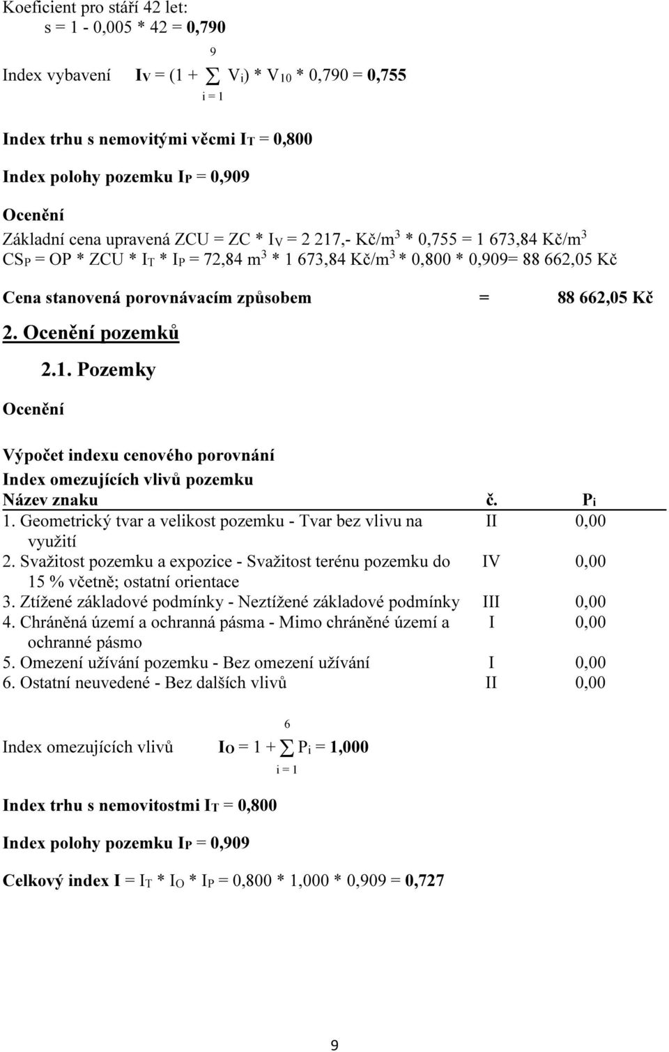 způsobem = 88 662,05 Kč 2. Ocenění pozemků Ocenění 2.1. Pozemky Výpočet indexu cenového porovnání Index omezujících vlivů pozemku Název znaku č. Pi 1.