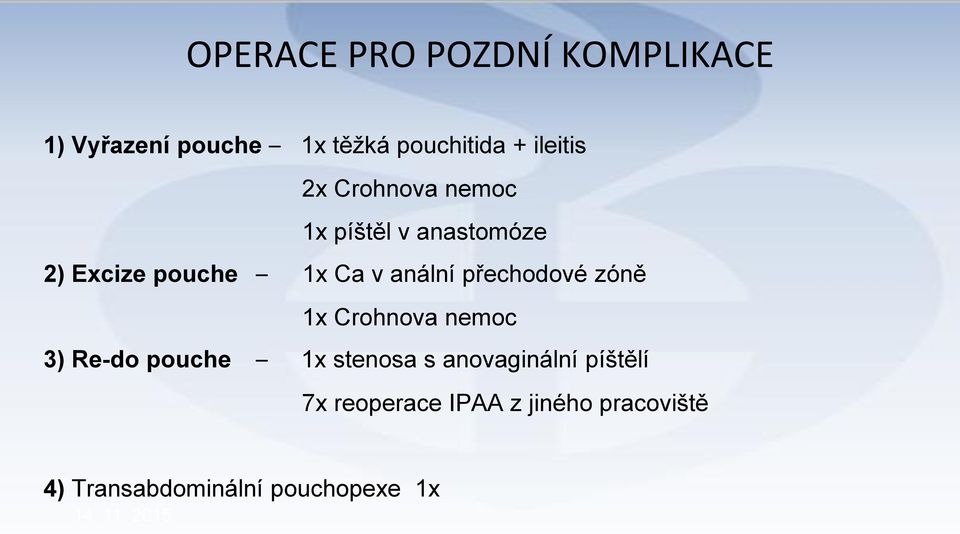 přechodové zóně 1x Crohnova nemoc 3) Re-do pouche 1x stenosa s anovaginální