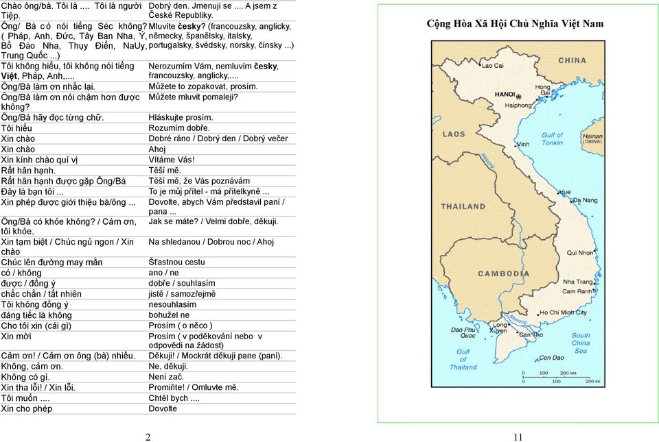 ..) Tôi không hiêu, tôi không noi tiêng Viêt, Phap, Anh,... Nerozumím Vám, nemluvím česky, francouzsky, anglicky,... Ông/Ba lam ơn nhăc lai. Můžete to zopakovat, prosím.