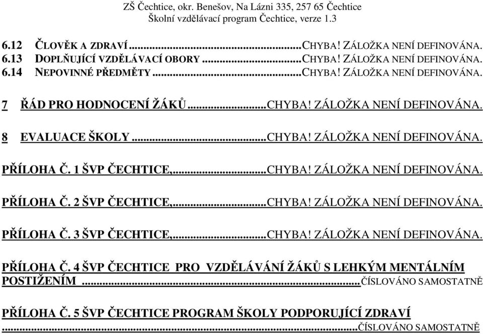 .. CHYBA! ZÁLOŽKA NENÍ DEFINOVÁNA. PŘÍLOHA Č. 3 ŠVP ČECHTICE,... CHYBA! ZÁLOŽKA NENÍ DEFINOVÁNA. PŘÍLOHA Č. 4 ŠVP ČECHTICE PRO VZDĚLÁVÁNÍ ŽÁKŮ S LEHKÝM MENTÁLNÍM POSTIŽENÍM.