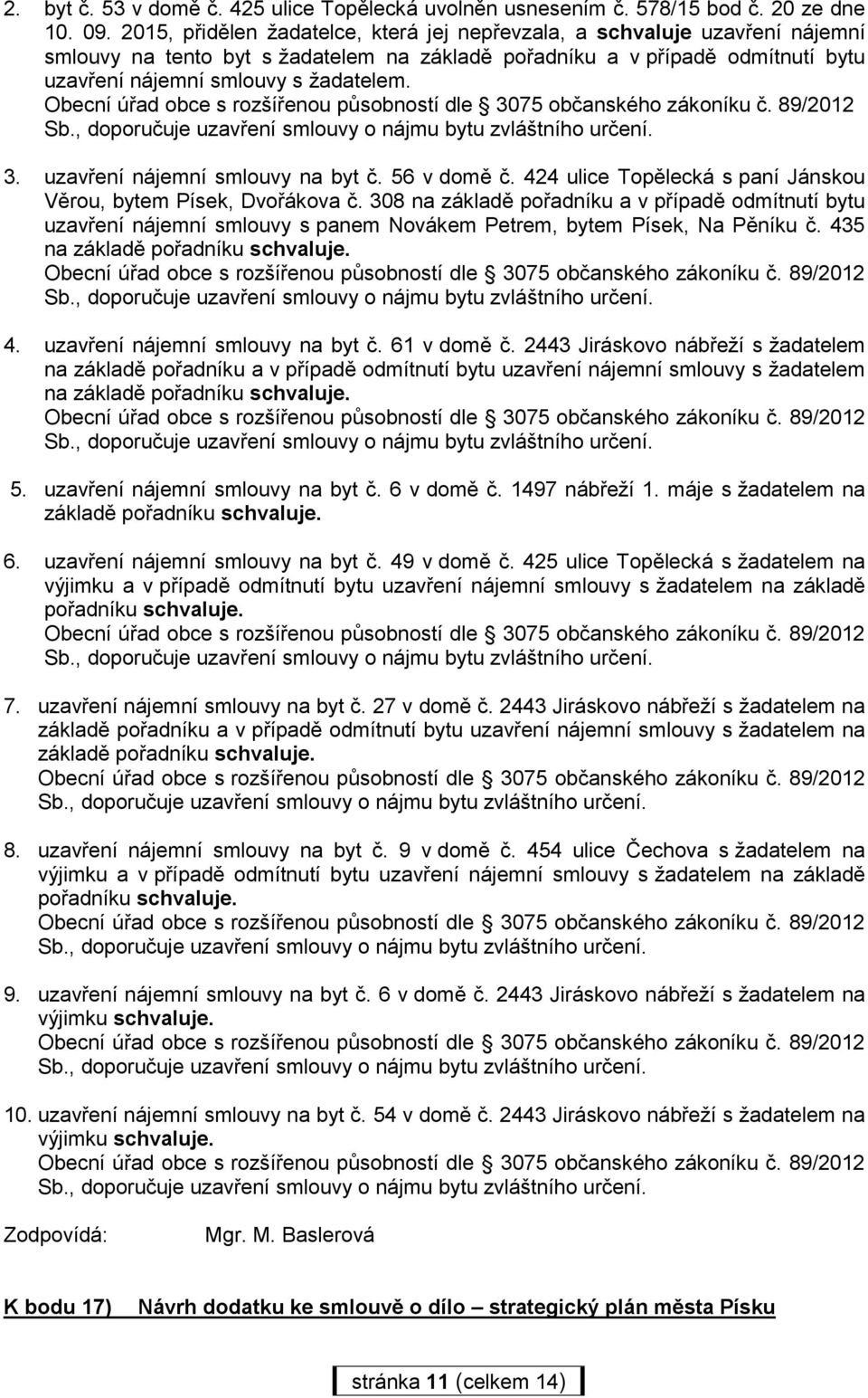 uzavření nájemní smlouvy na byt č. 56 v domě č. 424 ulice Topělecká s paní Jánskou Věrou, bytem Písek, Dvořákova č.