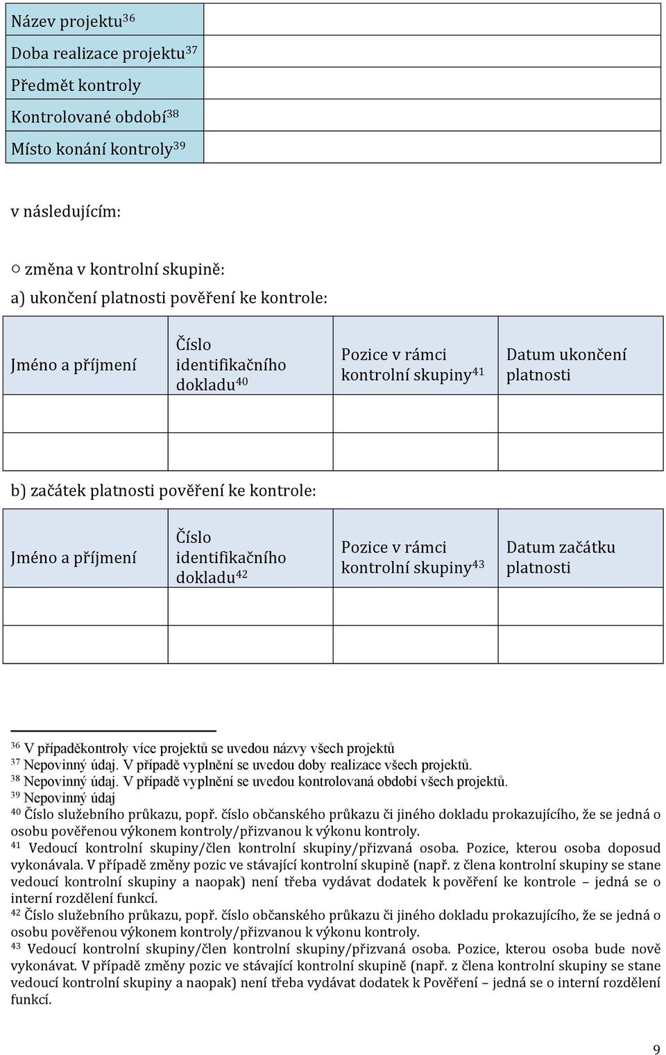 dokladu 42 Pozice v rámci kontrolní skupiny 43 Datum začátku platnosti 36 V případěkontroly více projektů se uvedou názvy všech projektů 37 Nepovinný údaj.