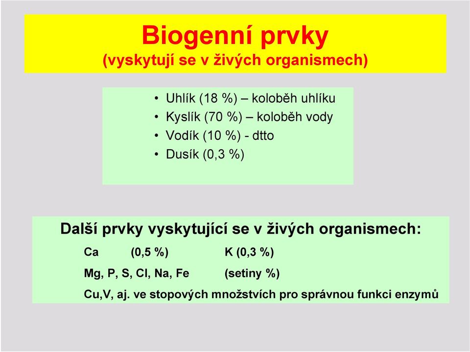 prvky vyskytující se v živých organismech: Ca (0,5 %) K (0,3 %) Mg, P, S,