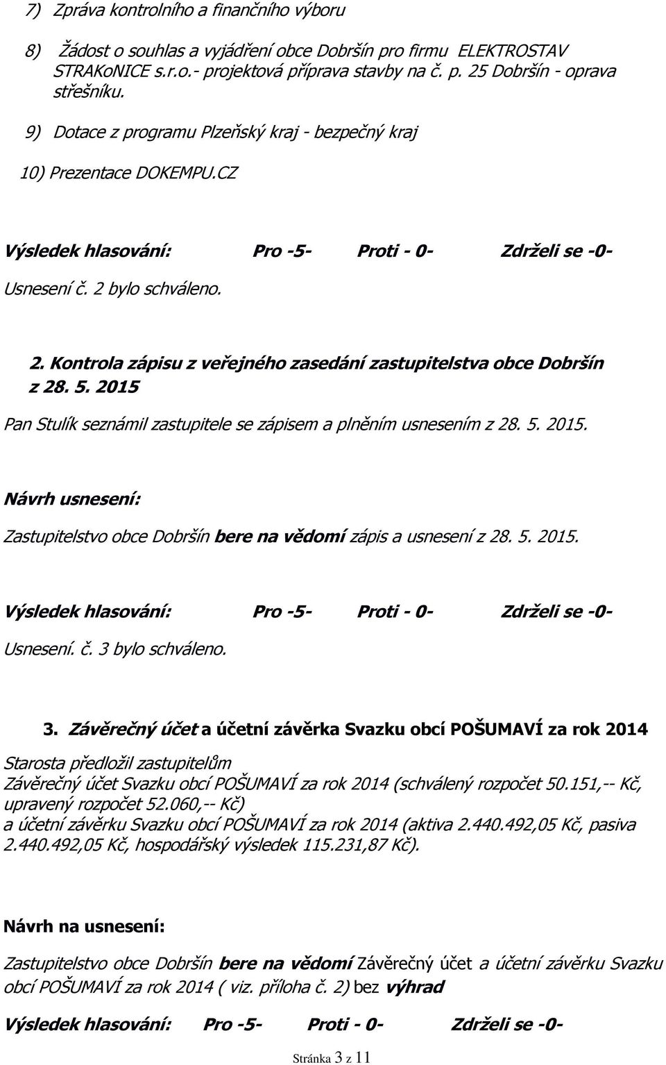 2015 Pan Stulík seznámil zastupitele se zápisem a plněním usnesením z 28. 5. 2015. Zastupitelstvo obce Dobršín bere na vědomí zápis a usnesení z 28. 5. 2015. Usnesení. č. 3 