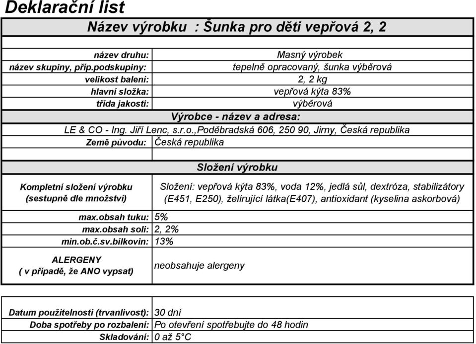 obsah soli: 2, 2% Složení: vepřová kýta 83%, voda 12%, jedlá sůl, dextróza,