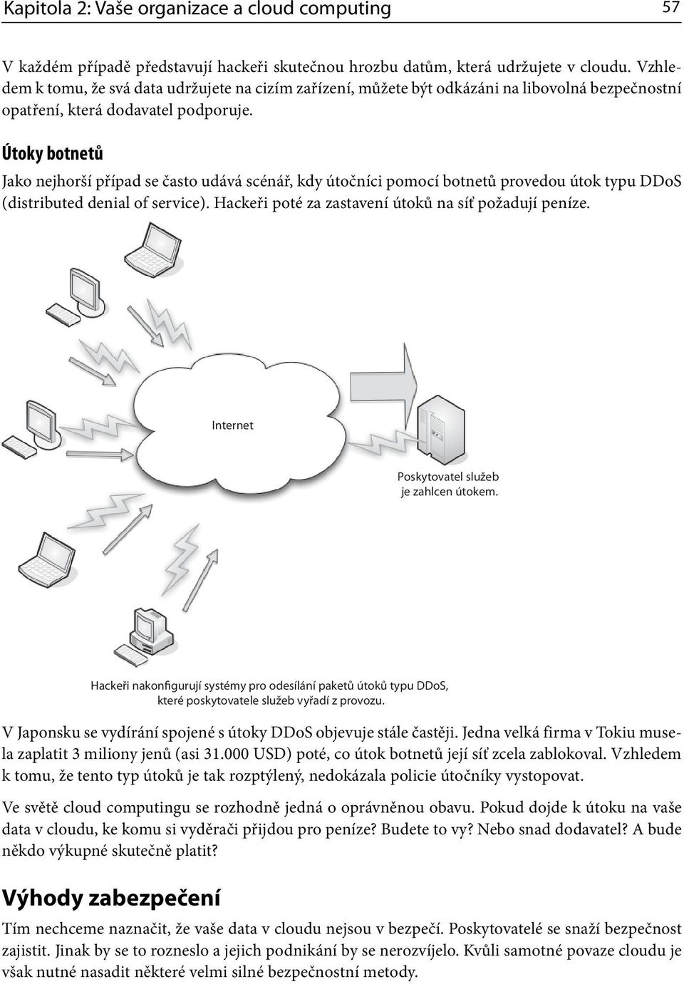 Útoky botnetů Jako nejhorší případ se často udává scénář, kdy útočníci pomocí botnetů provedou útok typu DDoS (distributed denial of service). Hackeři poté za zastavení útoků na síť požadují peníze.