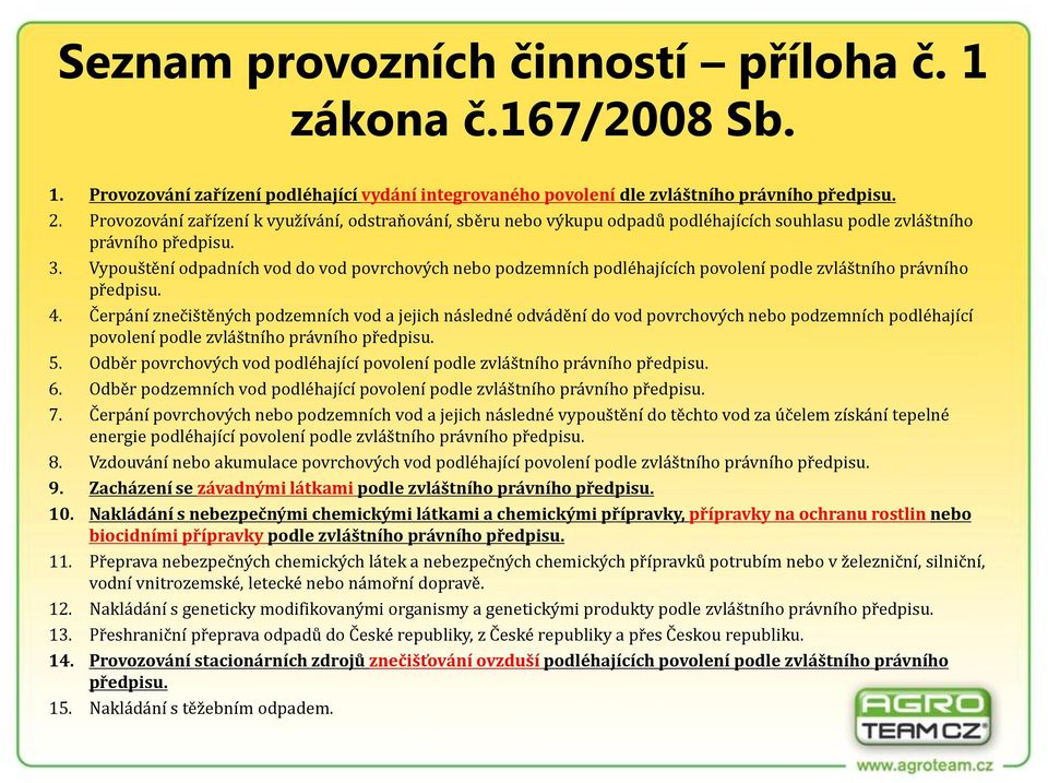 Vypouštění odpadních vod do vod povrchových nebo podzemních podléhajících povolení podle zvláštního právního předpisu. 4.