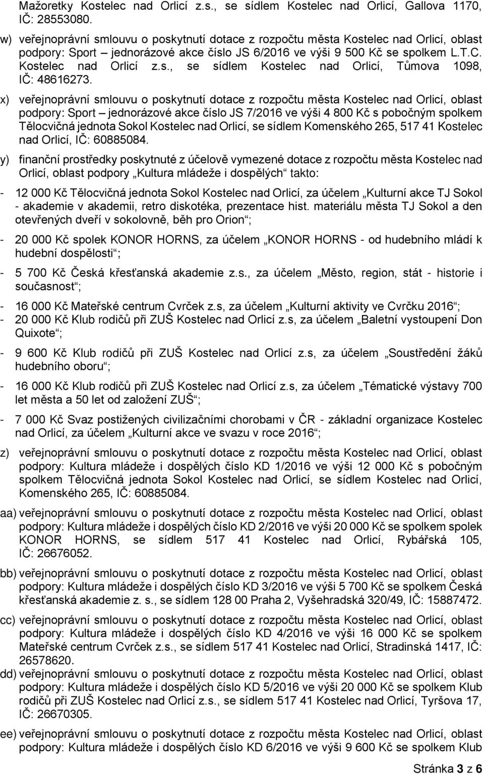 x) veřejnoprávní smlouvu o poskytnutí dotace z rozpočtu města Kostelec nad Orlicí, oblast podpory: Sport jednorázové akce číslo JS 7/2016 ve výši 4 800 Kč s pobočným spolkem Tělocvičná jednota Sokol