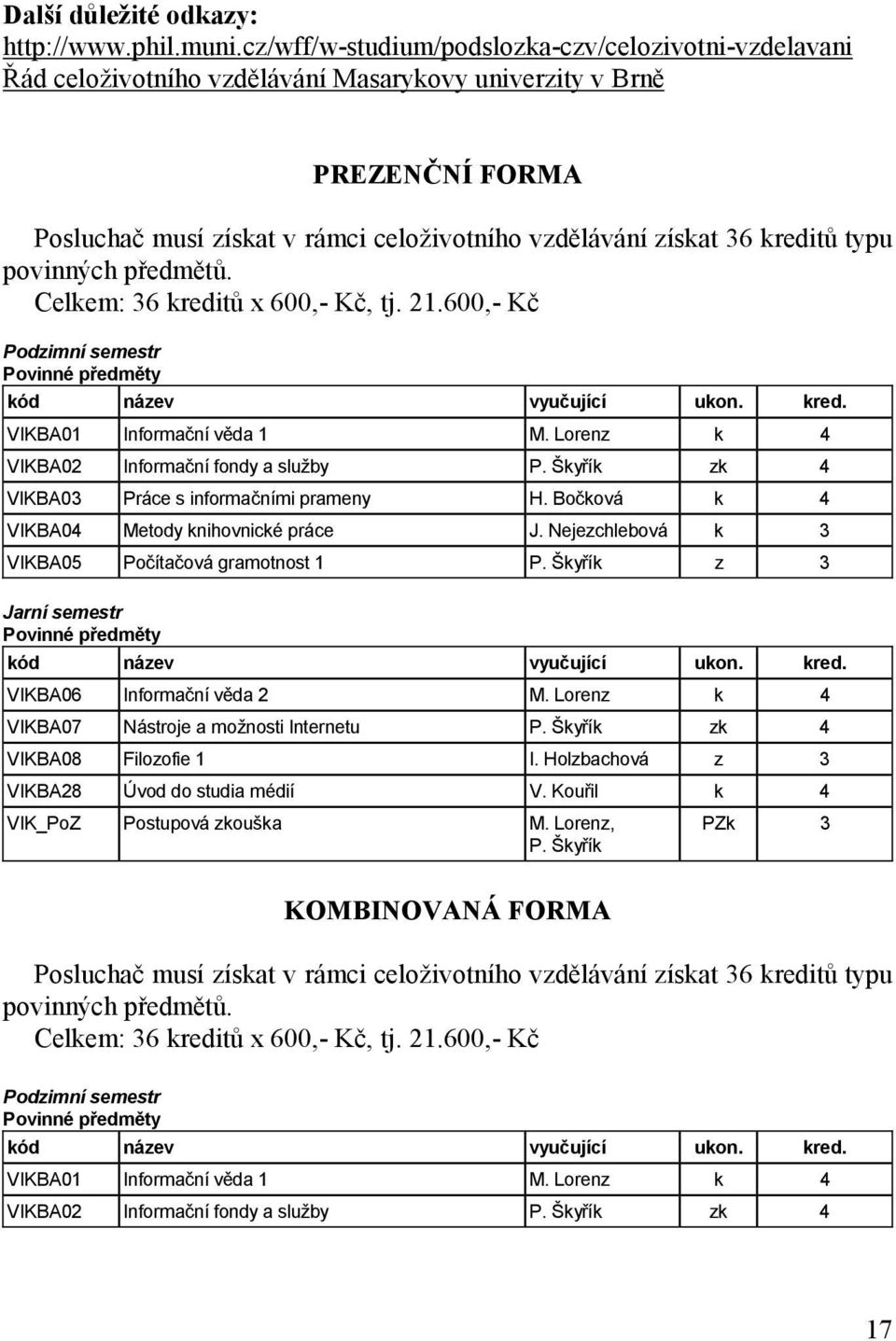 kreditů typu povinných předmětů. Celkem: 36 kreditů x 600,- Kč, tj. 21.600,- Kč Podzimní semestr Povinné předměty VIKBA01 Informační věda 1 M.