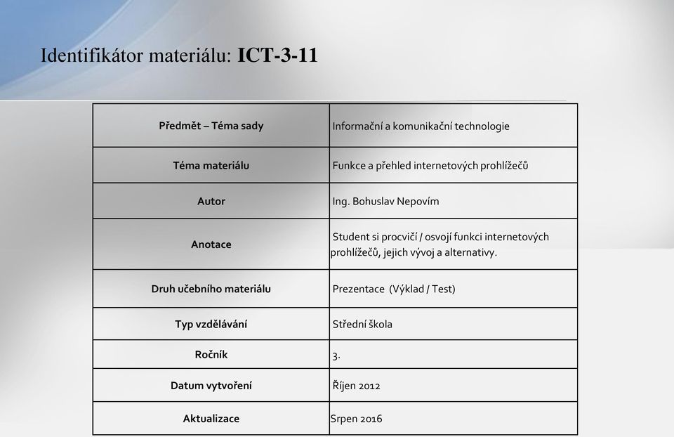 Bohuslav Nepovím Anotace Student si procvičí / osvojí funkci internetových prohlížečů, jejich vývoj a