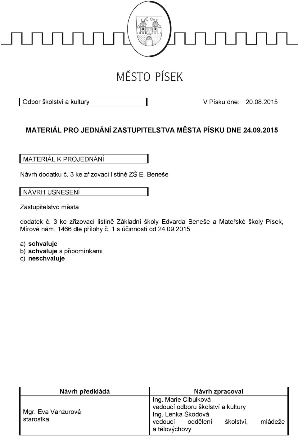 3 ke zřizovací listině Základní školy Edvarda Beneše a Mateřské školy Písek, Mírové nám. 1466 dle přílohy č. 1 s účinností od 24.09.