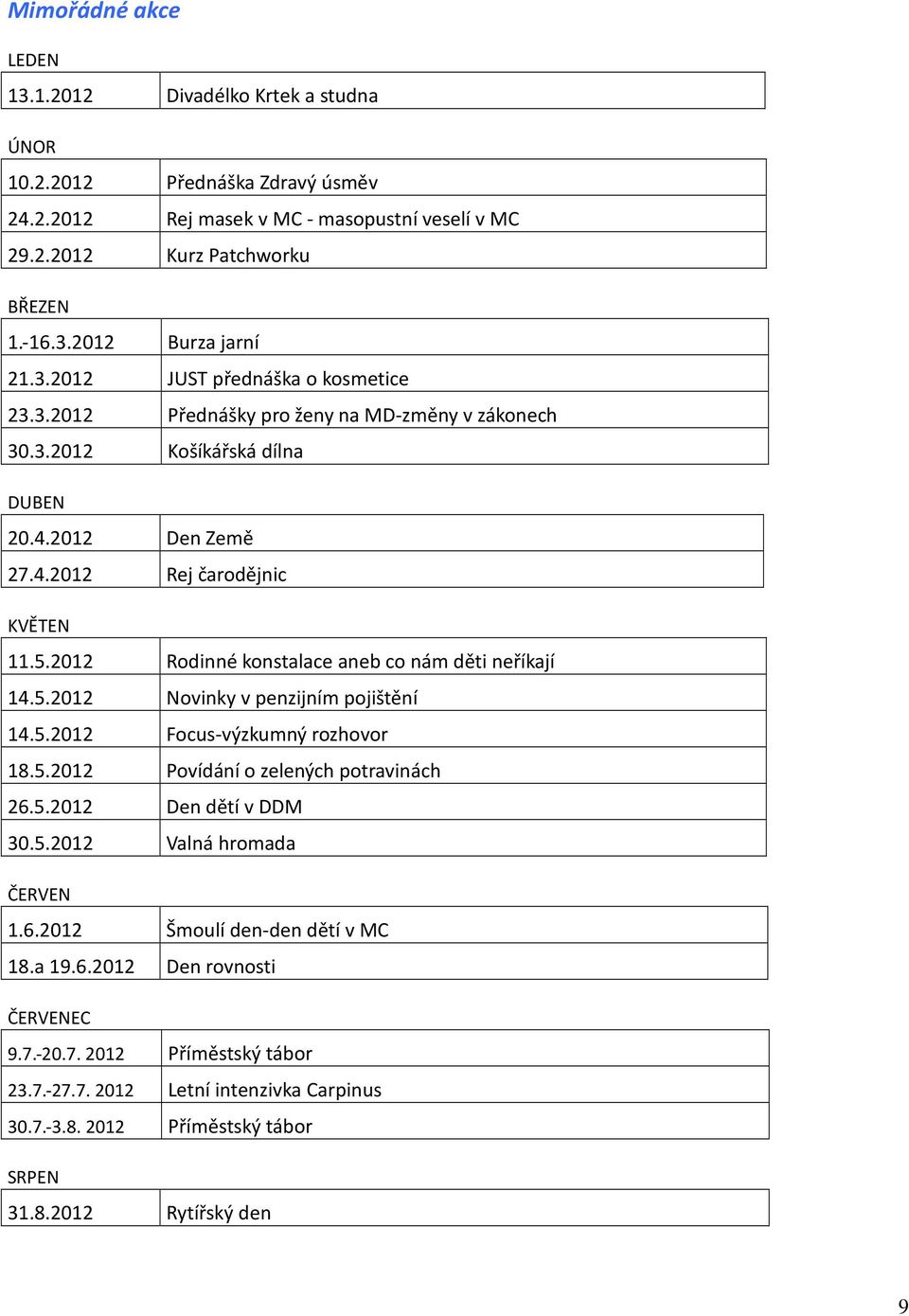 2012 Rodinné konstalace aneb co nám děti neříkají 14.5.2012 Novinky v penzijním pojištění 14.5.2012 Focus-výzkumný rozhovor 18.5.2012 Povídání o zelených potravinách 26.5.2012 Den dětí v DDM 30.5.2012 Valná hromada ČERVEN 1.
